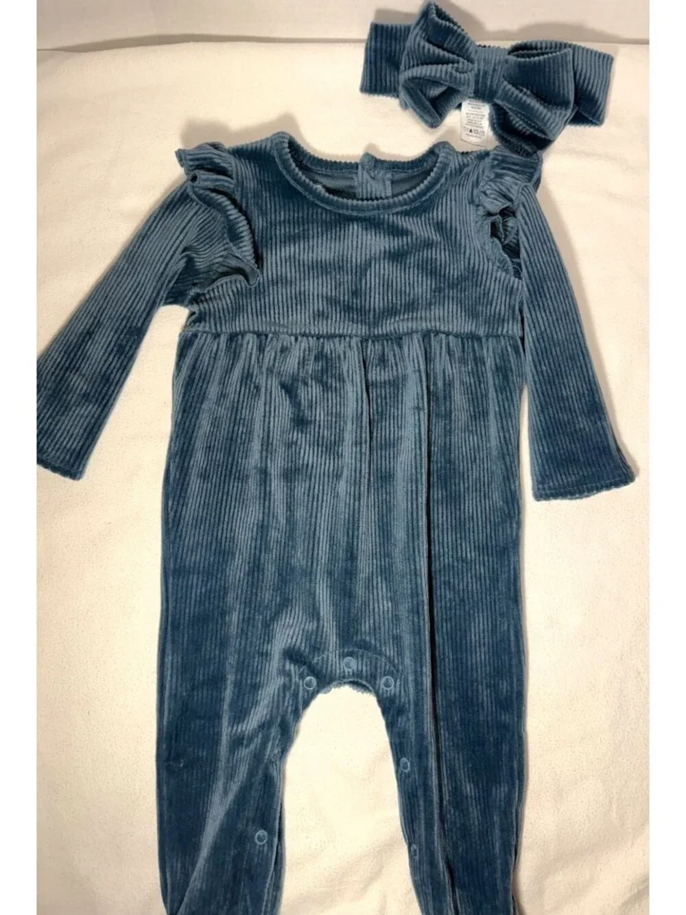 NAVY Blue Velour ribbed sleeper romper Headband bow SET 6-9m NWOT footie ruffle